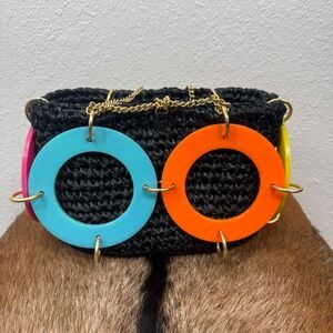 Vintage Walborg Purse Raffia Woven Straw Mod Neon Plastic Rings Italy 60s Artsy